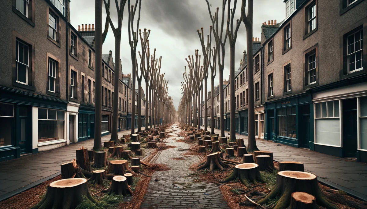 dystopian-scene-of-a-beautiful-Scottish-tree-lined-street-with-all-the-trees-chopped-down.-The-street-is-empty-of-people-with-stumps-where-the-tree.
