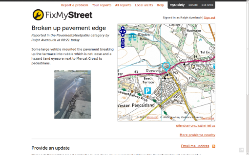 Using the Fixmystreet.com website couldn't be simpler for reporting road or pavement issues.